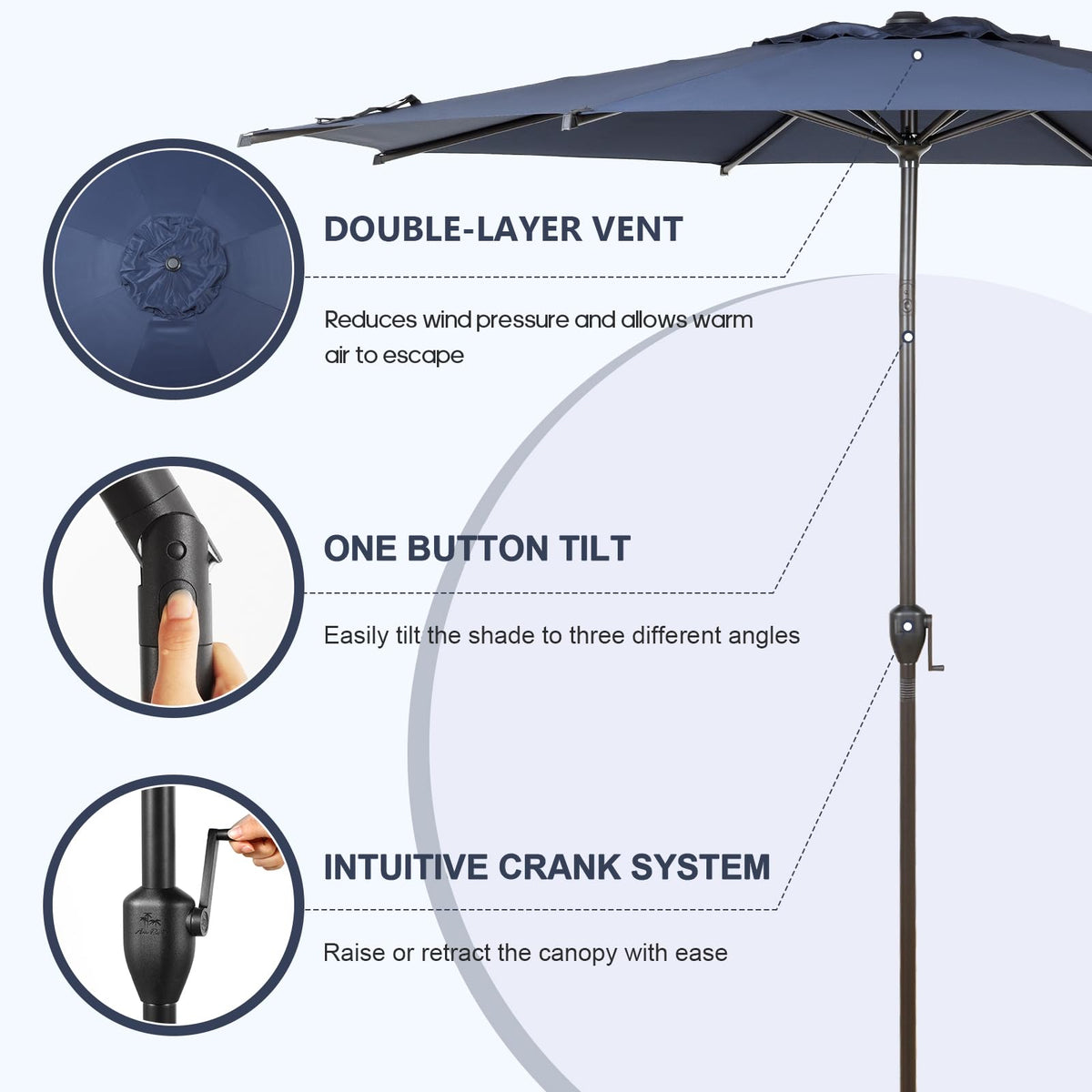 9FT Lyon Outdoor Patio Umbrella Outdoor Table Umbrella with Push Button Tilt and Crank Market Umbrella 8 Sturdy Ribs UV Protection Waterproof for Garden Deck Backyard Pool (9 FT(8 Ribs) / Navy Blue)