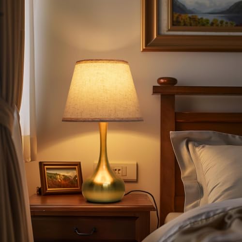 Touch Table Lamp for Bedroom (Beige Linen Mushroom Shade & Gold Base)