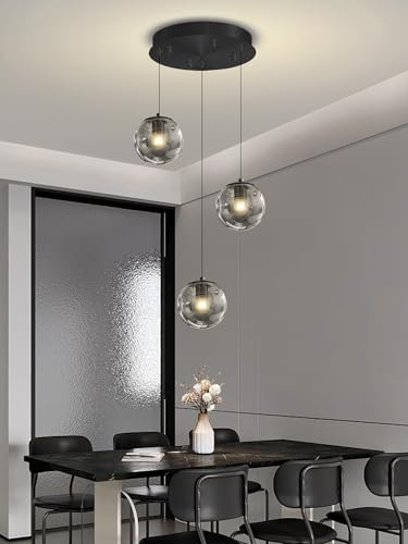 3 Light Black Pendant Light Fixtures Modern Smoke Gray Glass Globe Pendant Lights Kitchen Island Adjustable Hanging Lights Globe Stairwell Lighting Black Chandelier for Dining Room (Smoke Grey / Globe 3-Light)