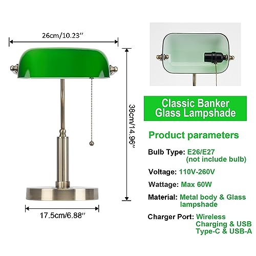 Green Glass Bankers Desk Lamp USB Wireless Charging Port LED Table Lamp Classic Retro Pull Chain Switch Reading Lamp for Home Office Workplace Library Piano (Green(Wireless charger))