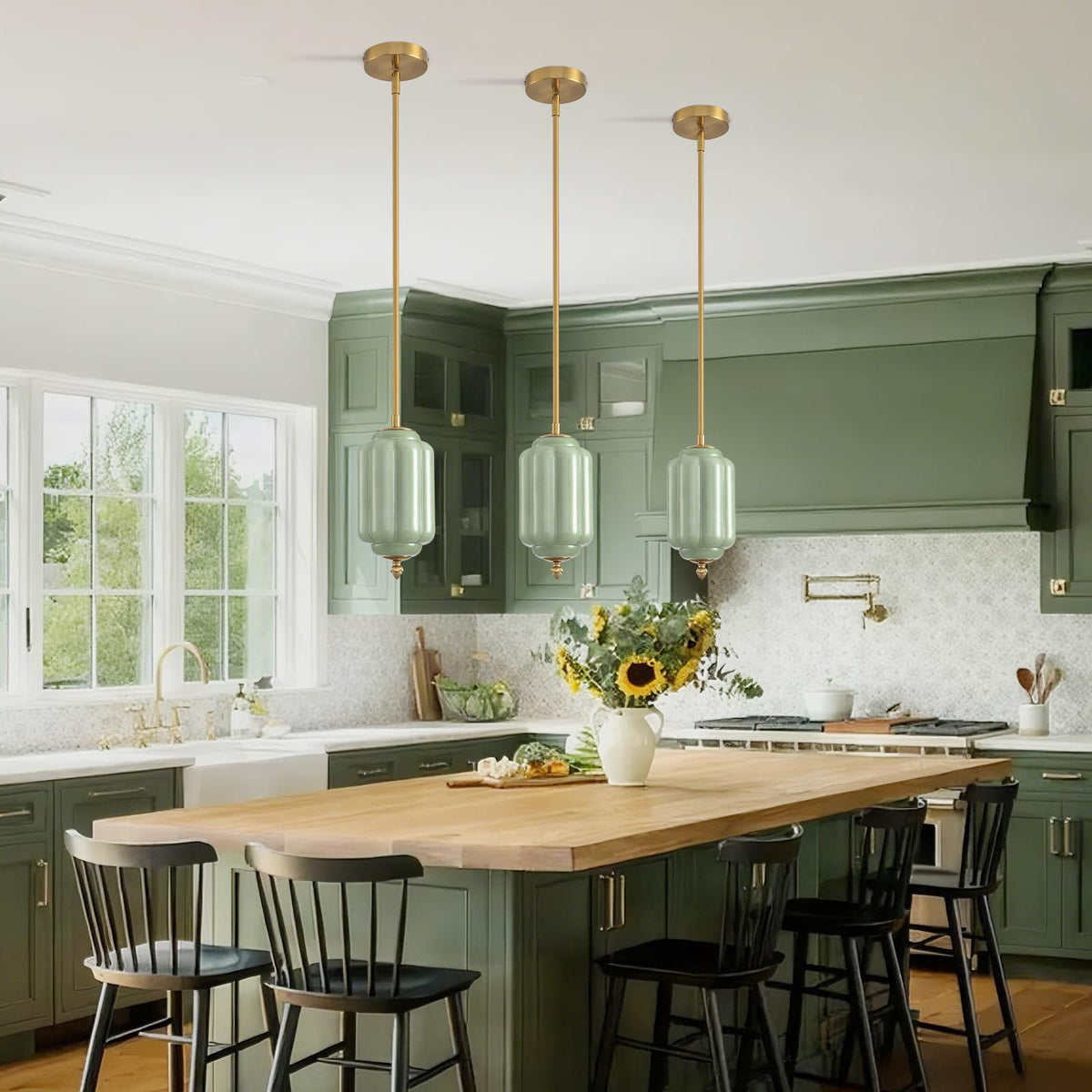 Vintage Green Glass Pendant Lights 1 Pack 5.5 Inch Mid Century Brass Hanging Ceiling Light (Green-1 Pack / 5.5 Inch)