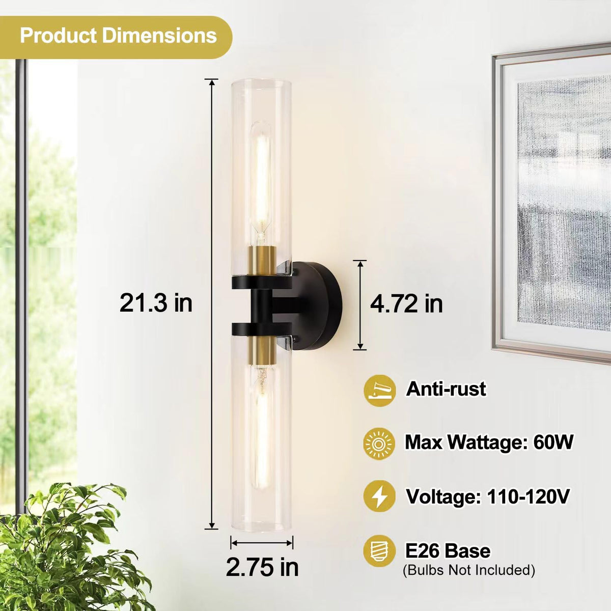Hardwired Wall Sconces Set of Two (Black and Gold / Hardwired-22 Inch-2PC)