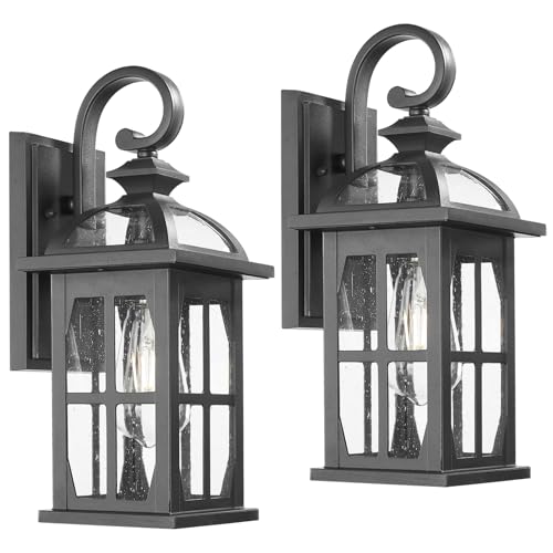 Outdoor Wall Lights (Black-Seeded Glass / Medium-2 Pack)