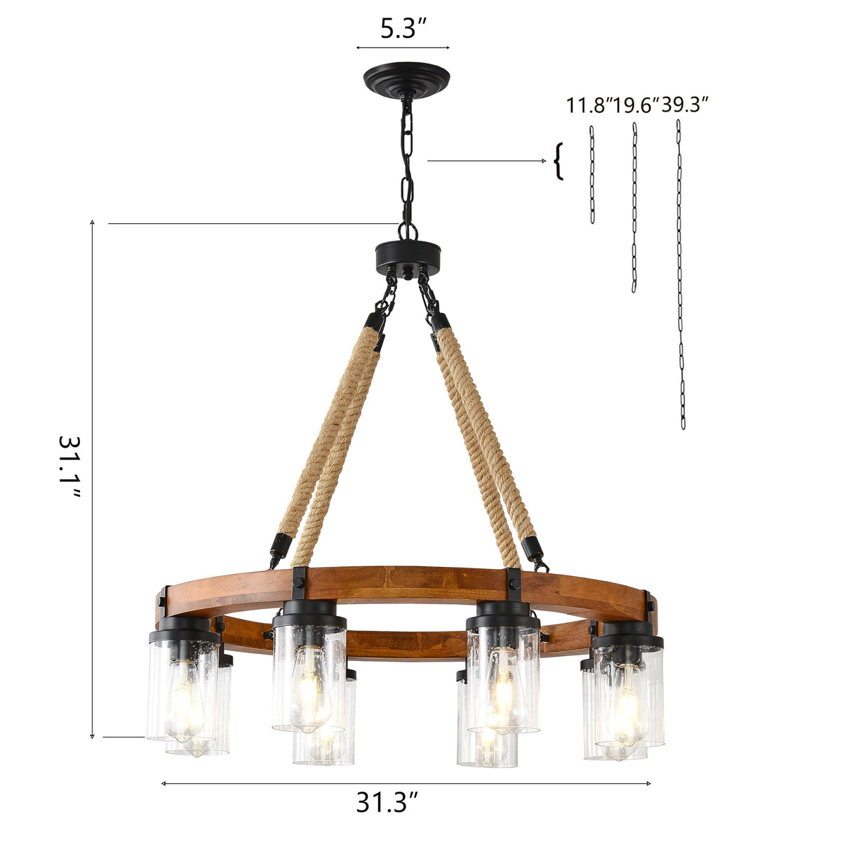 9 Light Round Wagon Wheel Chandelier Farmhouse Rustic Pendant Light Fixture with Seeded Glass Shades (Wood-800-9T-Down)
