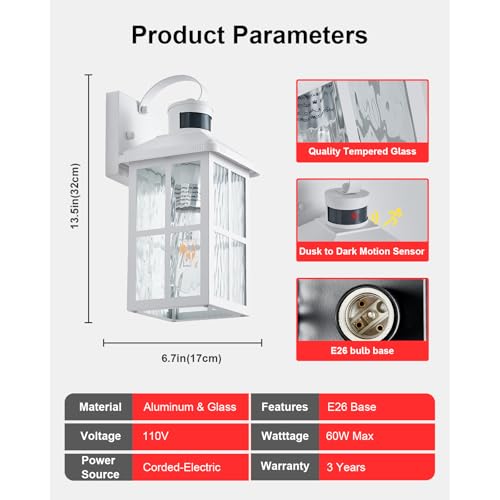 2 Pack Motion Sensor Porch Light Dusk to Dawn Outdoor Wall Light (White 2)
