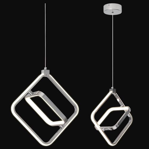 Modern LED Chandelier Chrome Rectangular Pendant Light Fixtures 4000K 20W Dimmable Height Adjustable Pendant Lighting for Dining Room Kitchen Island Bedroom Living Room Foyer（1 (Chrome / Square-1Pack)