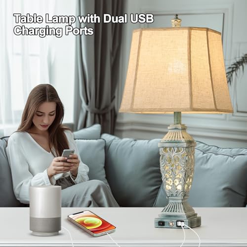 27.5" Touch Control Traditional Table Lamp Set of 2 with USB A+C (White Wash with Green Brush-2 / 27.5")