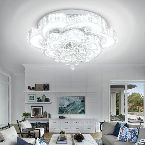 Dia 24'' Crystal Chandeliers Modern Chandelier for Living Room LED Dimmable Pendant Light Fixture with Remote Flush Mount Ceiling Lights for Bedroom Entryway Hallway Silver (Silver / Dia 24")
