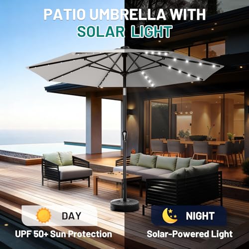 9FT Patio Umbrella with Solar Lights (Light Gray / 9 FT)