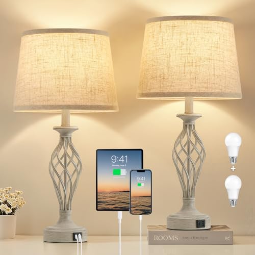 Table Lamp for Bedroom Set of 2 with USB C+A Ports (Light Grey Base + Beige Shade)