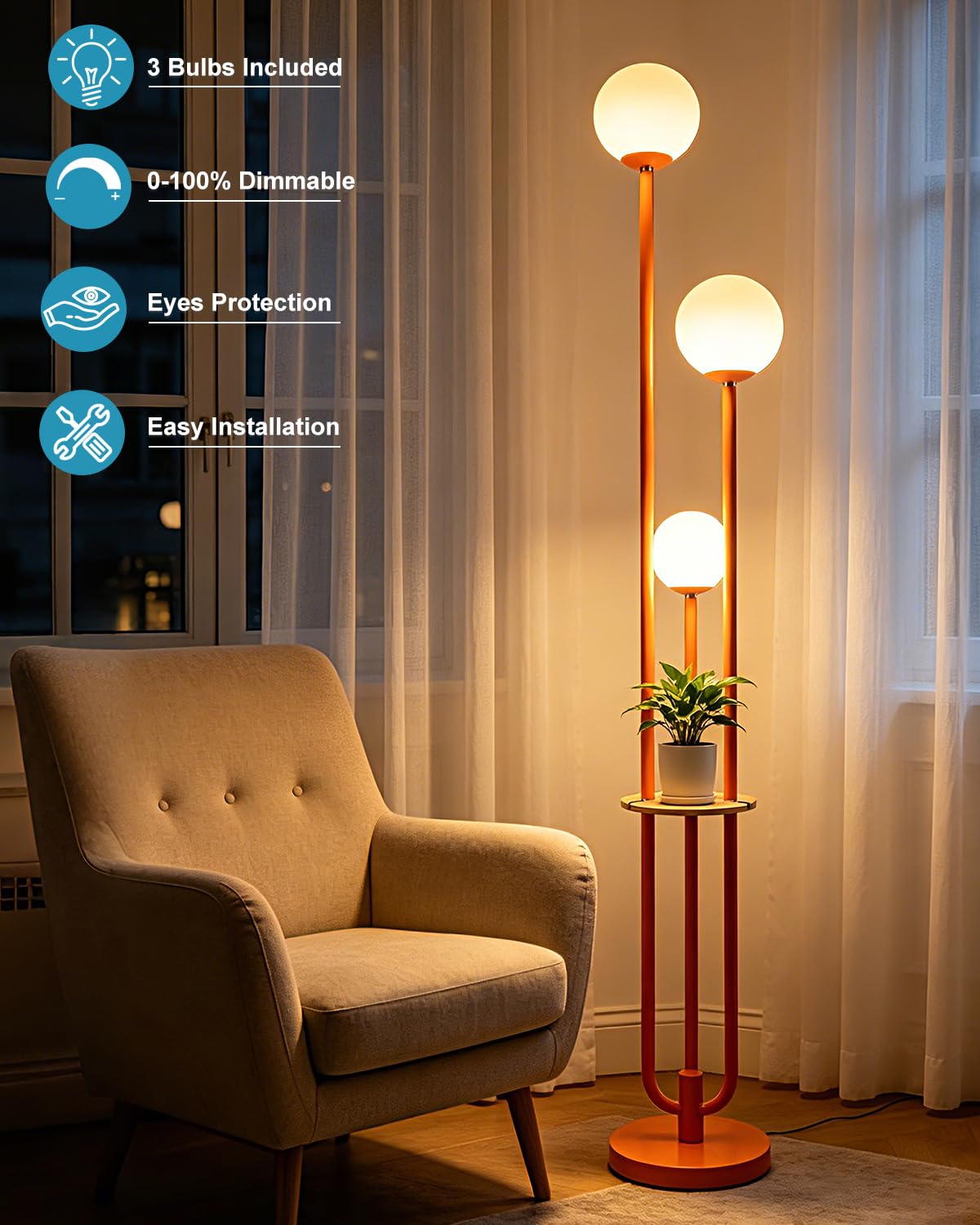 Dimmable 3 Light Globe Floor Lamp with Storage Shelf (Orange-3UE)