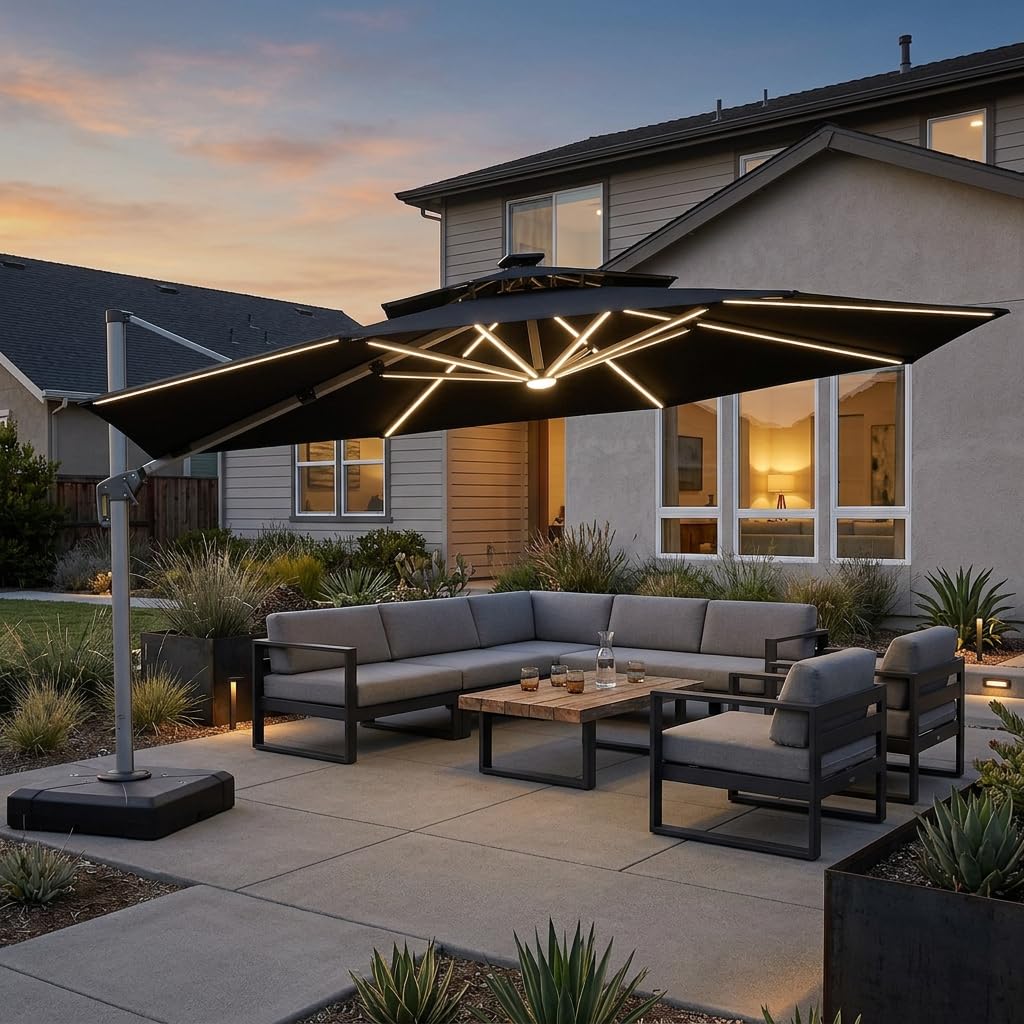 Cantilever Umbrella 13ft Solar LED Light Double Top (Black / 13 Feet)