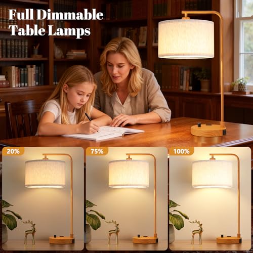 Wood Paint Bedside Lamps Set of 2 (E-Beige Shade & Wood Paint Base)
