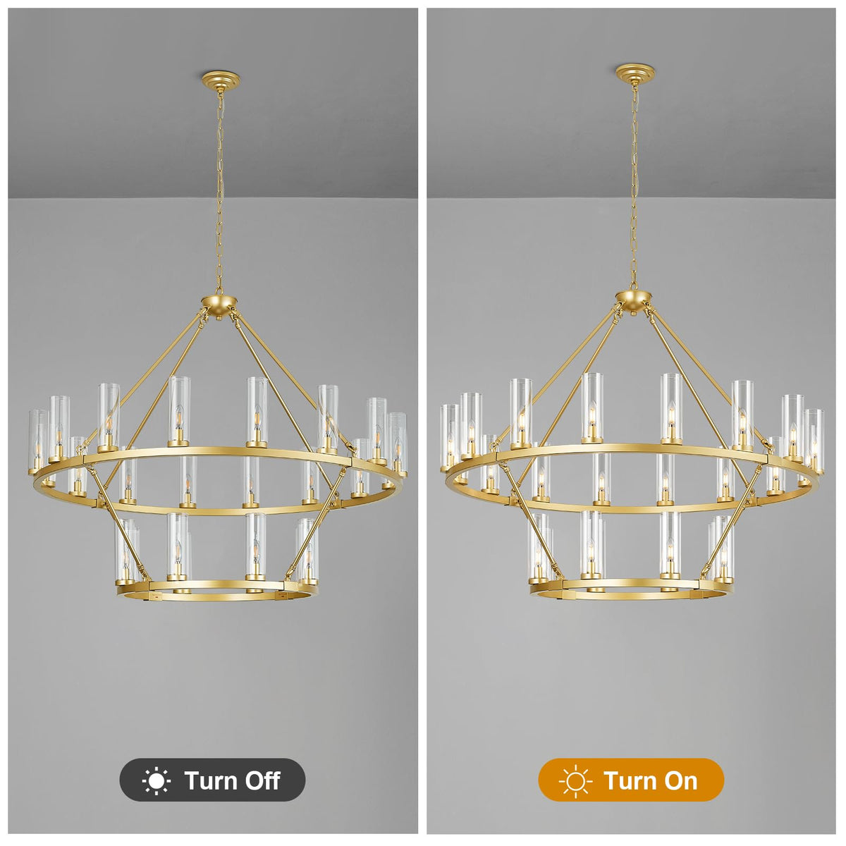 48 Inch Large Gold Wagon Wheel Chandelier with Clear Glass Shade 2 Tier 24 (Gold / 2 Tier-24 Lights)