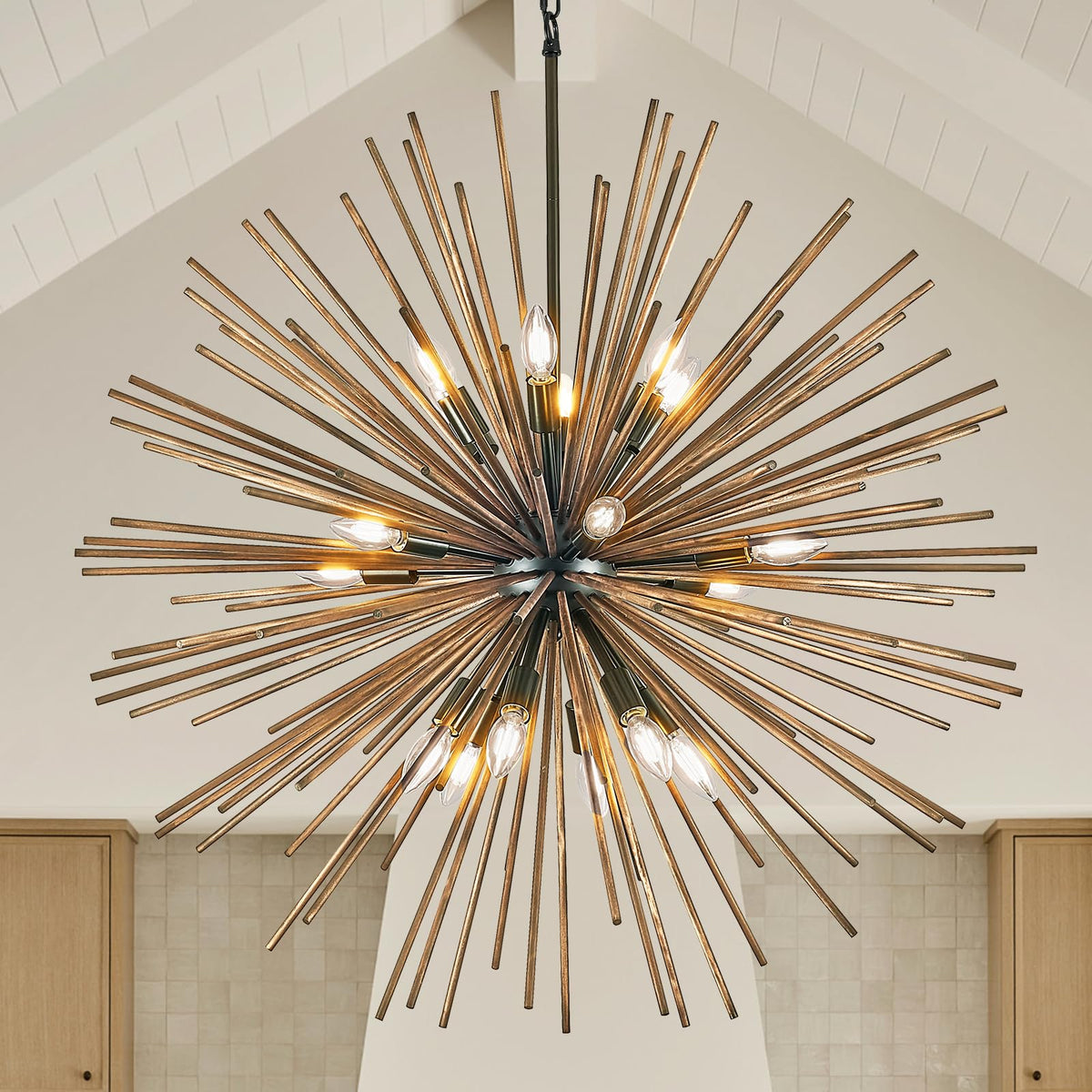 Large Wood Sputnik Chandeliers 18 Light Starburst Light Fixture Solid Wood (Wood Brown / 35 inch)