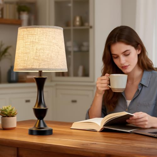Table Lamp Set of 2 (Black Base+Beige lampshade / 19 in)