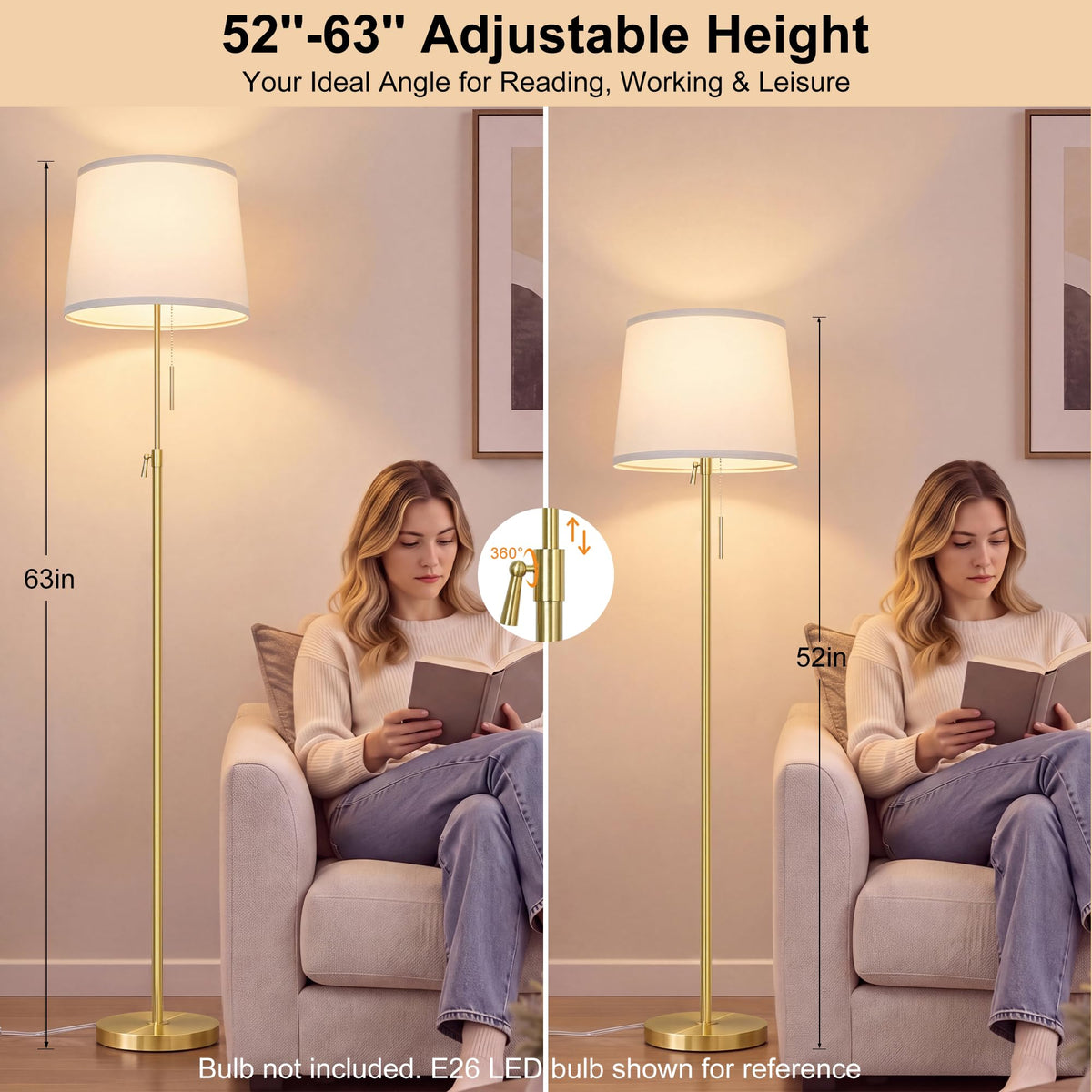 52" 63" Gold Adjustable Floor Lamp (Gold+White Linen Shade)