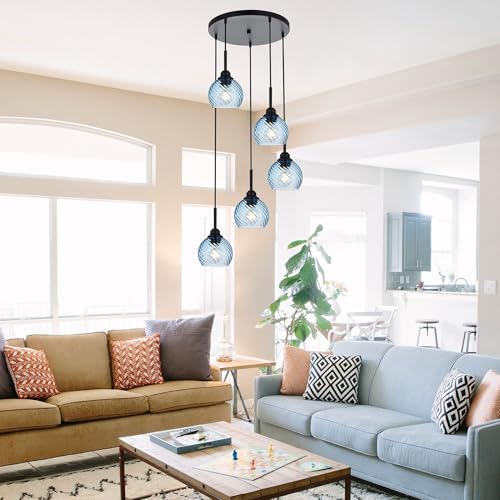 5 Light Cluster Pendant Lighting with Striped Swirl Globe Glass Blue Pendant Light for Kitchen Island (Blue / 5-Light-Round Cluster)