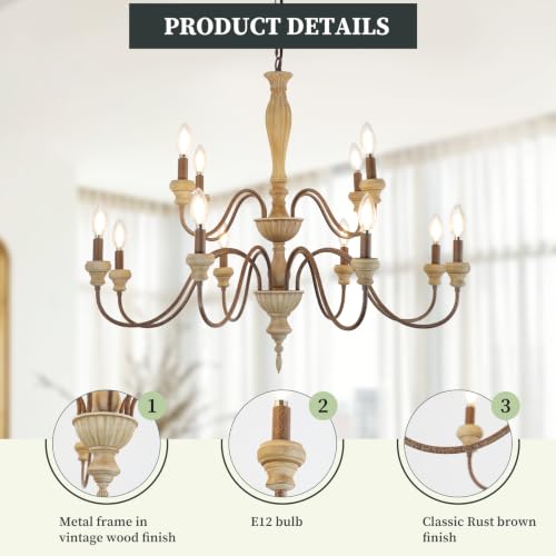 12 Light Large Farmhouse French Country Chandelier for Dining Room (Distressed Wood)