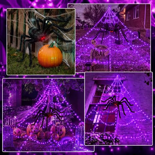 Halloween Sipder Web Lights 266 LED 9.8 FT Tall with Red Eyes Giant Spider (Purple / 9.8FT)