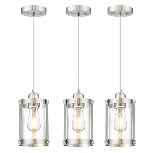 Brushed Nickel Pendant Lights Kitchen Islands (Nickel + Clear Glass / 1-Light Pendant, 3 Pack)