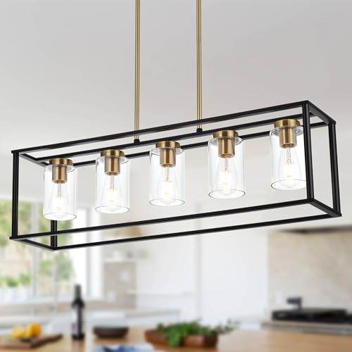 Farmhouse Chandeliers for Kitchen Island with Clear Glass Shade Black and Brushed Brass 5 Light Dining Room Lighting Fixtures Hanging (Brushed Brass / 5 Light)