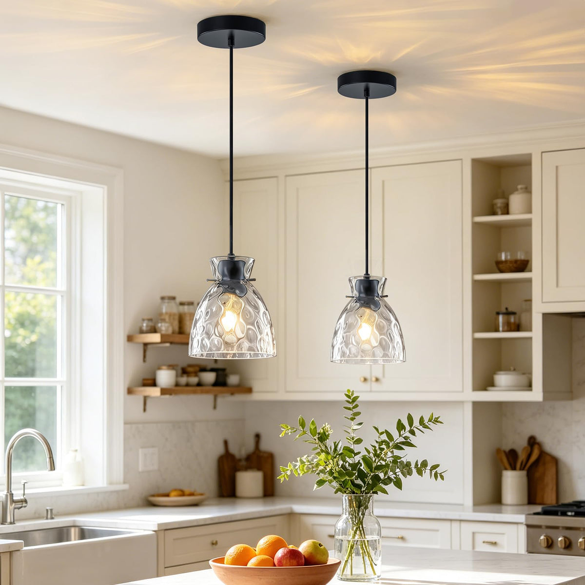 6" Mini Hammered Glass Black Pendant Lights Kitchen Island Lighting 2 Pack (2-Pk Black / D5.9")