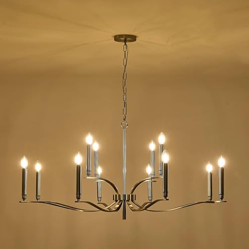 12 Light Nickel Living Room Chandelier High Ceiling Foyer Candle Chandelier Large Modern 44in Metal Chandeliers Hanging Light for Master Bedroom Dining Room Light Fixture Over Table (Nickel / 44 inch)