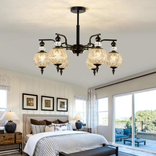 Modern Black Sputnik Chandelier 6 Lights Crystal Adjustable Hanging Ceiling Light Fixture Large Pendant Lighting with Glass Globe Shade for Dinning Room Living Room Bedroom Kitchen (Black / 6 light)