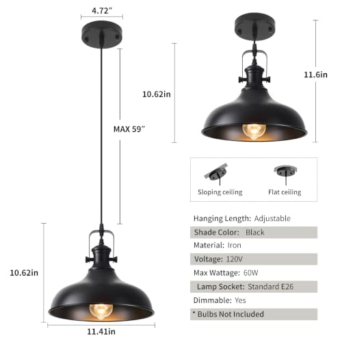 Matte Black Dome Pendant Lights 3 Pack (Black+Black / 11.4in -3 Packs)