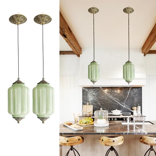 2 Pack Vintage Milk Glass Pendant Lights Kitchen (Green / 2 Pack)