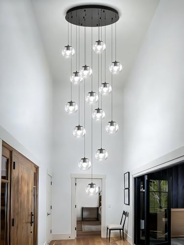 15 Light Black Chandelier with Globe Glass Dimmable Ceiling Light Glass Pendant Light for Kitchen Island (Black-Clear / Globe 15-Light)