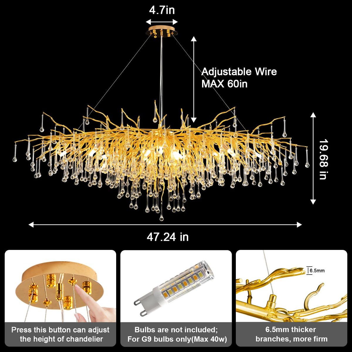 Chandeliers for Dining Room (Oval-Long 47.2" / Gold)