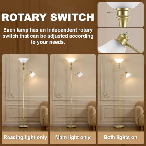 Torchiere Glod Floor Lamp with Adjustable Angle Reading Lamp (Gold)