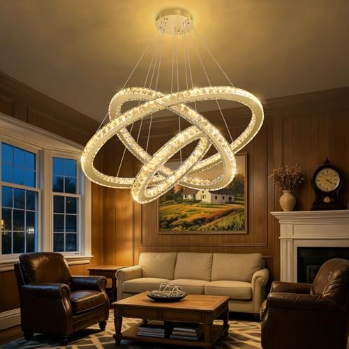 Crystal Chandelier Modern Dimmable LED Ceiling Light Fixture with Remote 3 Rings Stainless Steel Pendant Lighting for Living Room Dining Room Foyer Gold (Gold / 3-Ring 32")