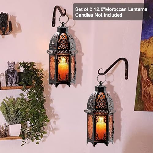 Set of 2 Vintage Large Decorative Moroccan Candle Lantern (Large / Amber - 12.8''h)