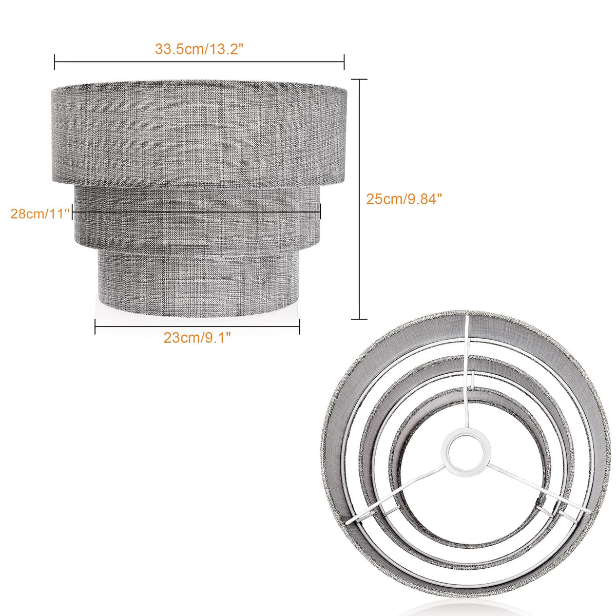 3 tier Drum Linen Lamp Shade for Pendant Lamp Floor Lamp Chandelier Replacement Shade Clip on Bulb Classic Round Lampshade Cover Only (Grey)