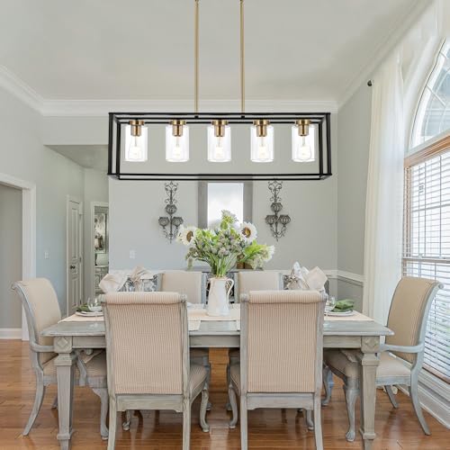 Farmhouse Chandeliers for Kitchen Island with Clear Glass Shade Black and Brushed Brass 5 Light Dining Room Lighting Fixtures Hanging (Brushed Brass / 5 Light)