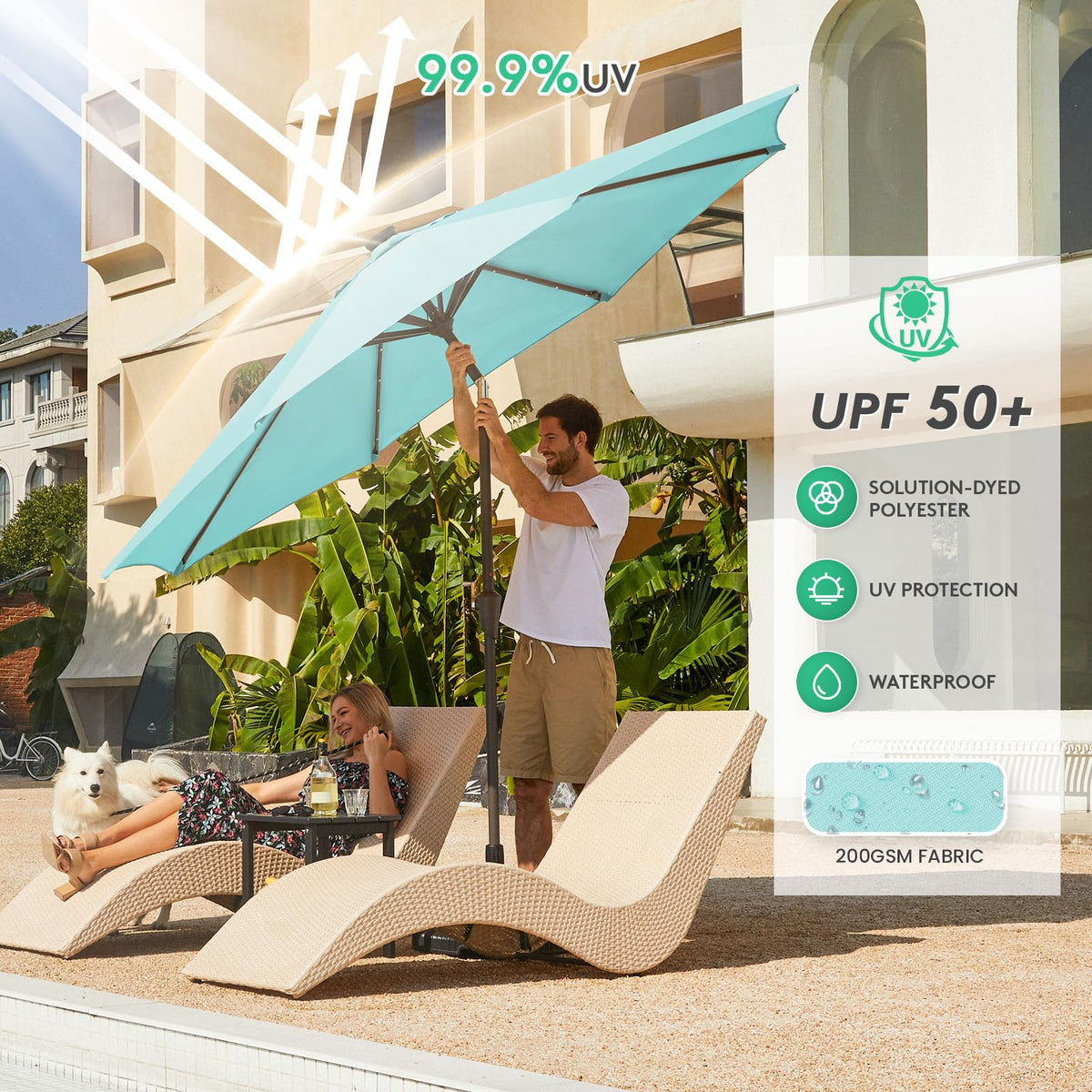 9' Patio Umbrella with Solar Lights (9 ft / Teal)