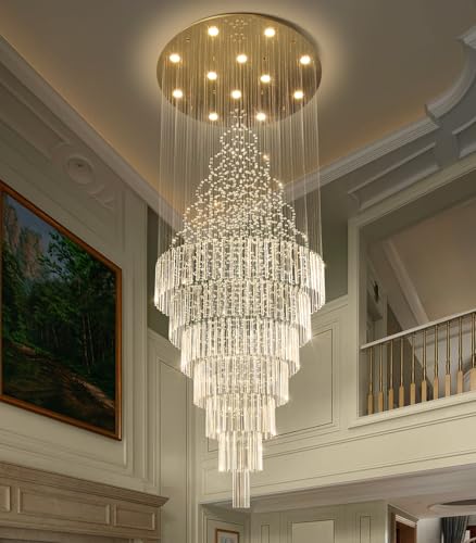 W32 x H120 Glam Chandelier with LED Bulbs Crystal Raindrop High Ceiling Pendant Light for Entrance Large Villa Chandelier Foyer Lighting Fixtures Gold (Gold / Round W32" X H118")