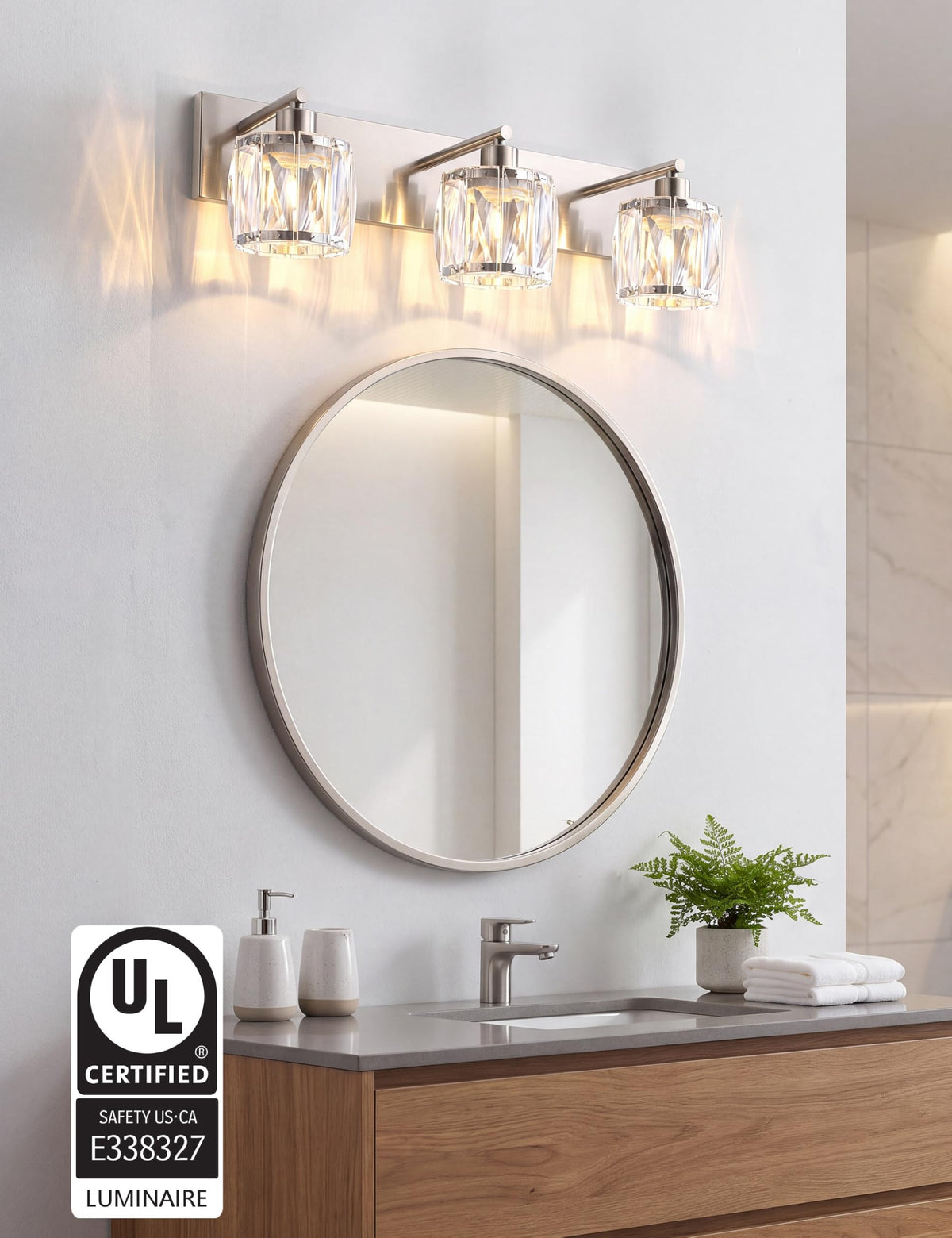 3 Light Crystal Bathroom Vanity Light Fixtures (Brushed Nickel-Round / 3 Light)