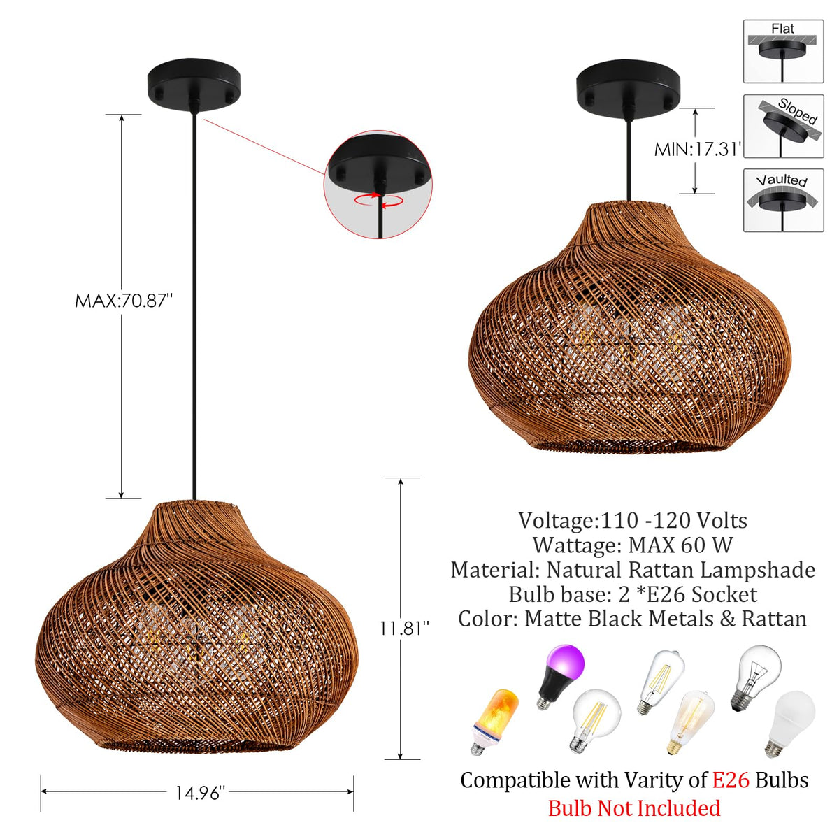15" Rattan Pendant Light (Metal+Brown / 14.96" 2-Light)