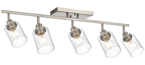 5 Light Brushed Nickel Kitchen Track Lighting Fixtures Ceiling Mount Track Lighting Kit with Bubble Seeded Glass Shade Modern Bathroom Tracking Vanity Lights Ceiling Tracking Accent Shop Light (Brushed Nickel / 5-Light)