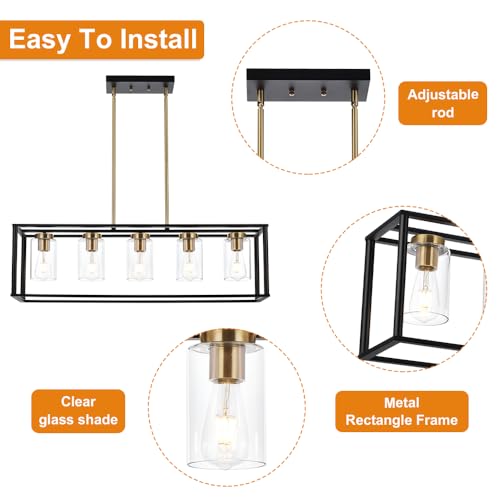 Farmhouse Chandeliers for Kitchen Island with Clear Glass Shade Black and Brushed Brass 5 Light Dining Room Lighting Fixtures Hanging (Brushed Brass / 5 Light)