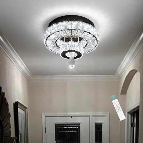 Crystal Chandelier Modern Dimmable LED Crystal Ceiling Light Ring Flush Mount Ceiling Light Fixtures with Remote Control for Living Room Dining Room Bedroom Entryway