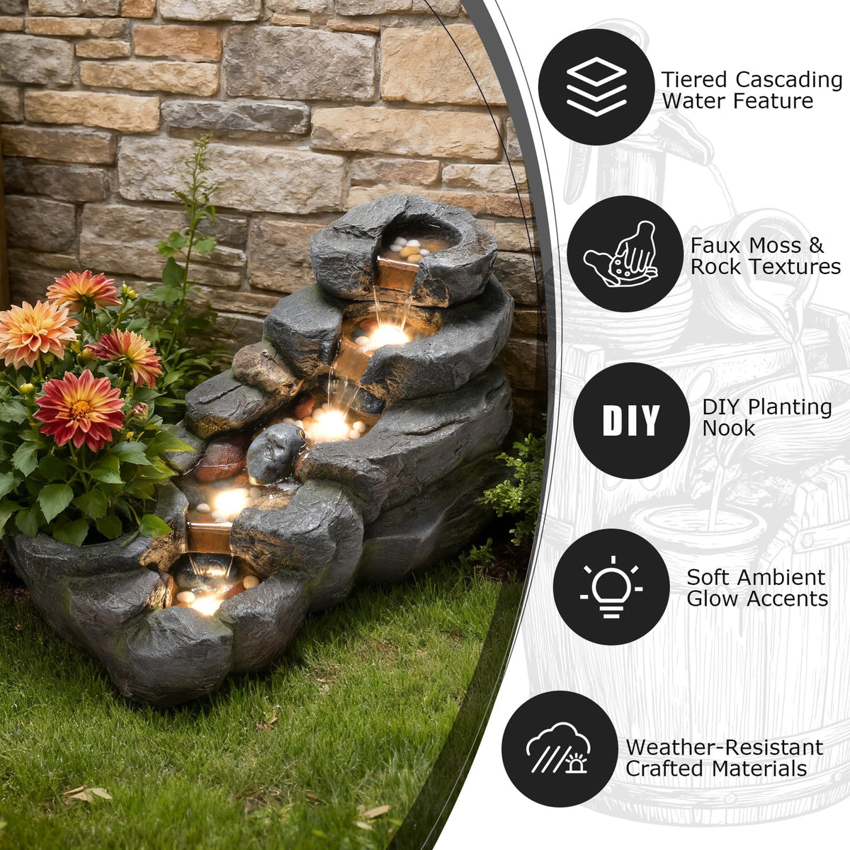 38.2" L Garden Water Fountain Outdoor Waterfall with LED Light (38.2’’L / Gray)