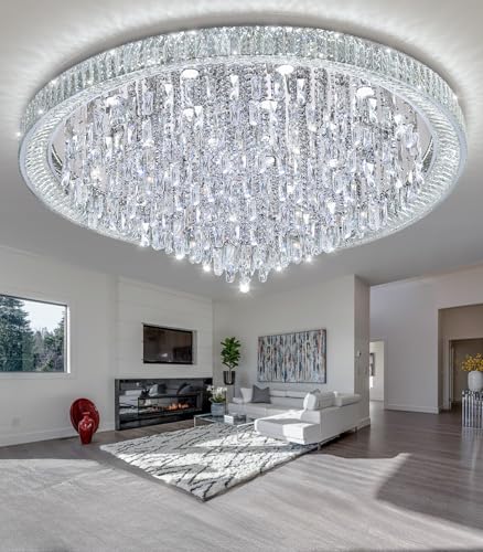 53.7" Modern Chandeliers LED Dimmable Crystal Flush Mount Ceiling Chandeliers for Living Room High Ceiling Entrance Foyer Lobby Bedroom Silver (Silver / 53.7" Width)