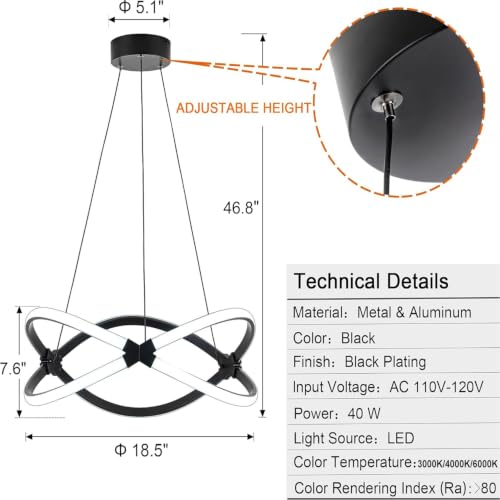 13.78 inches Black Dimmable Modern Led Chandelier with Remote Control