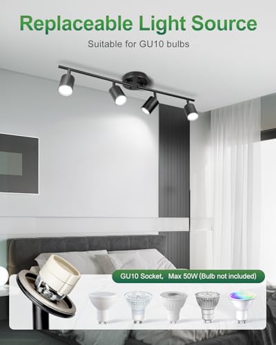 4 Ways Black Track Lighting Fixtures Ceiling Gu10 Bulb Not Included (Black / 4 Ways)