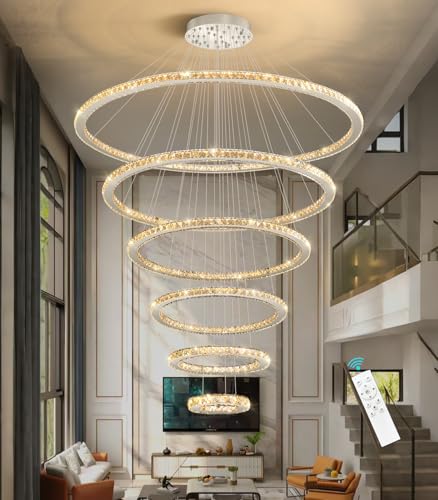 Modern Crystal Chandelier 6 Rings High Ceiling Chandeliers Dimmable LED Lighting Fixtures with Remote for Living Room Dining Room Foyer Silver (Silver / 6-Ring 47")